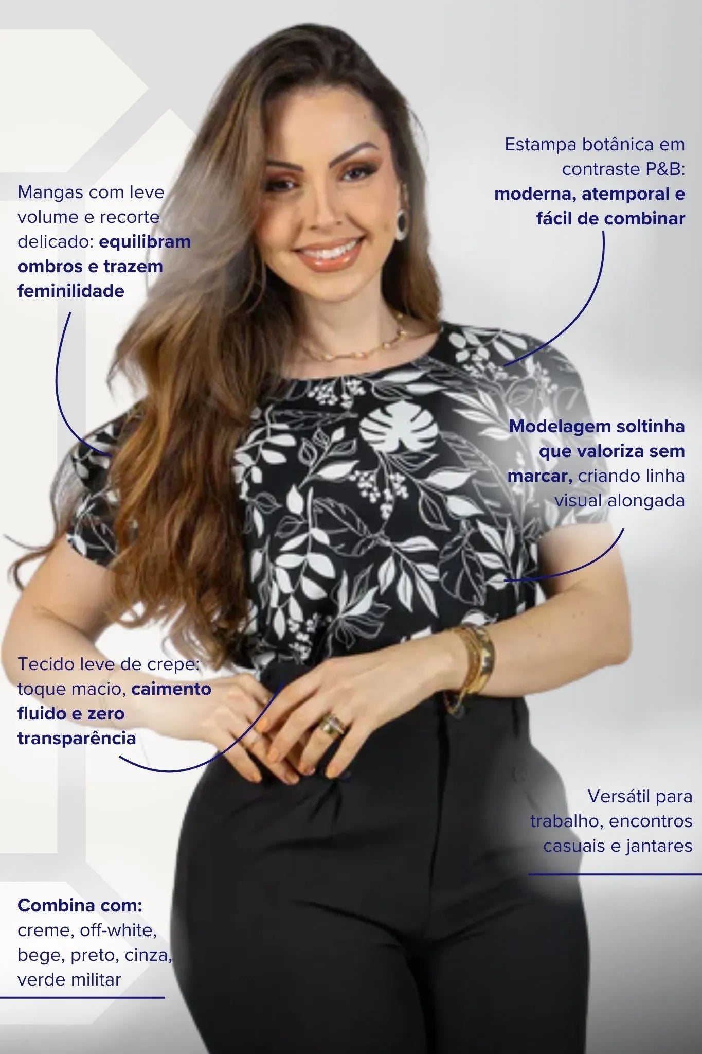 Blusa Manga Curta Detalhe Botão Crepe Classic Samara Estampada Preta