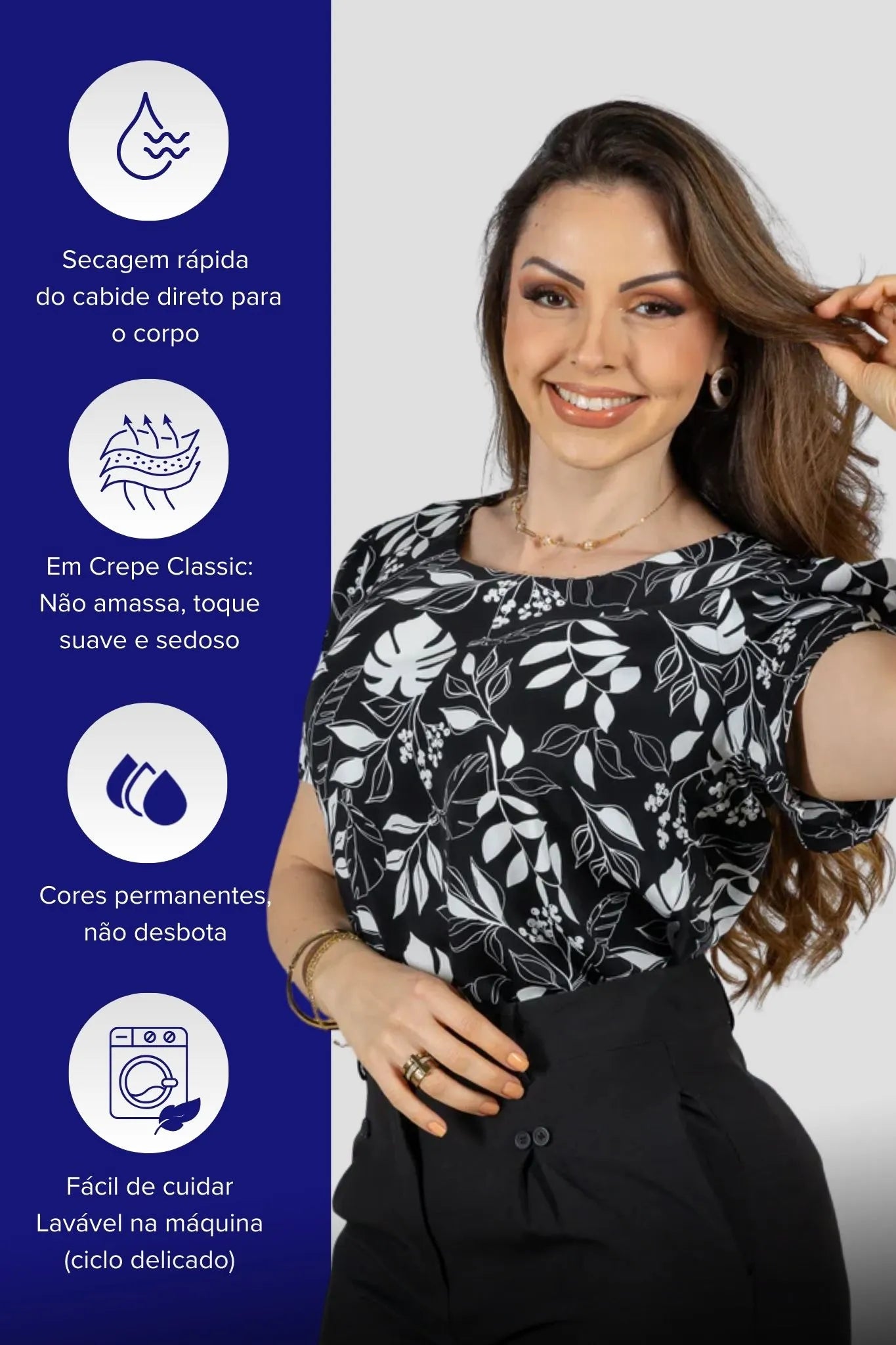 Blusa Manga Curta Detalhe Botão Crepe Classic Samara Estampada Preta