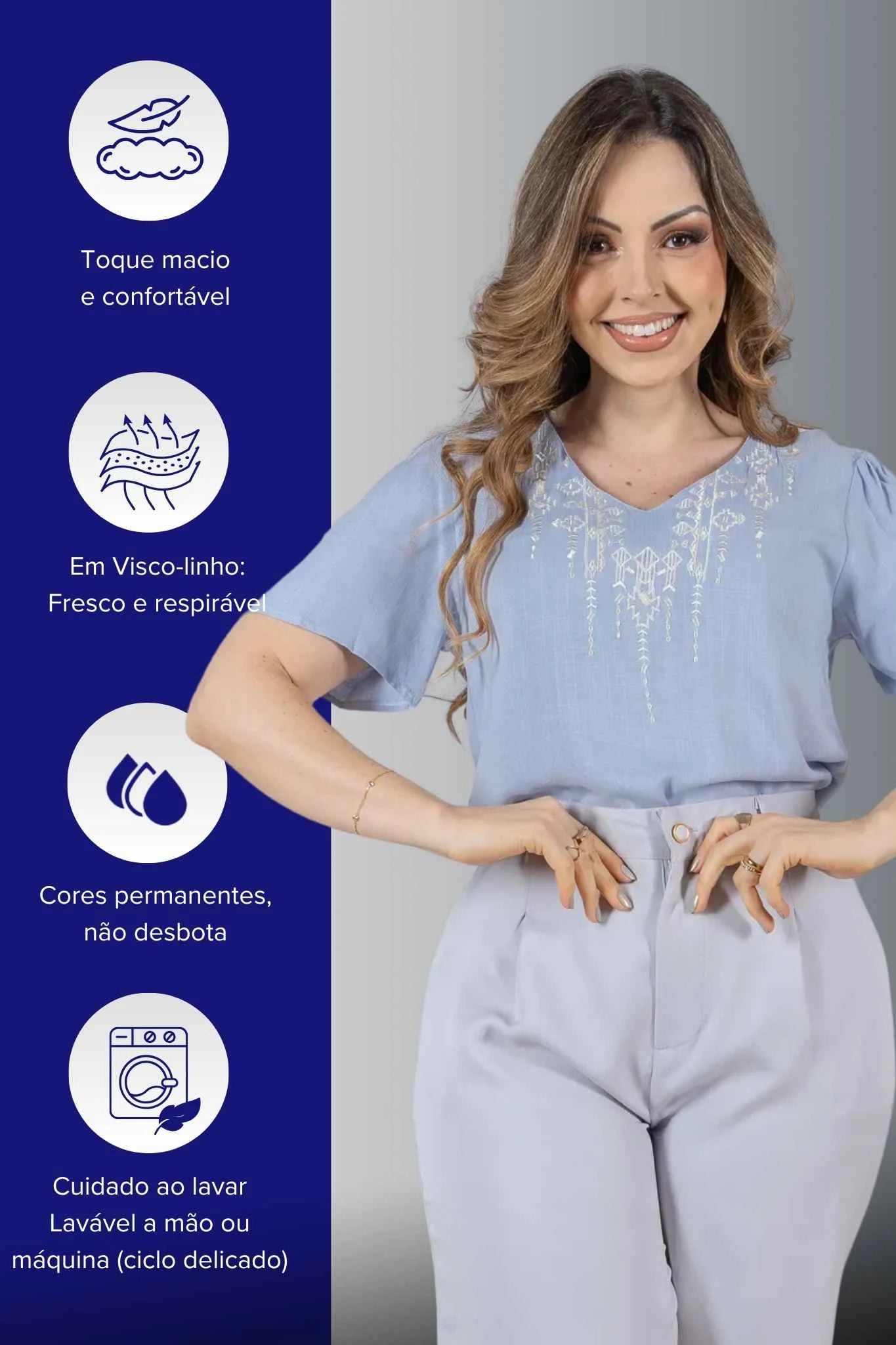 Blusa Manga Curta Decote V em Visco Linho com Acabamento Bordado Samira Azul