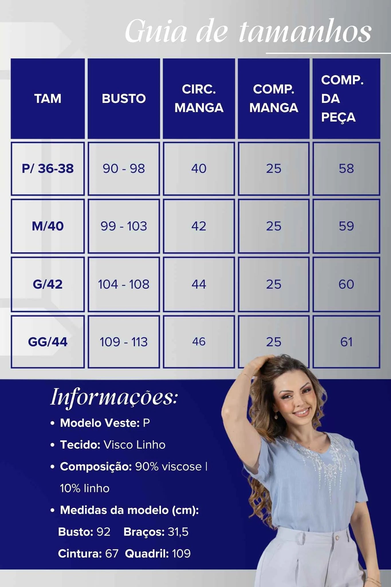 Blusa Manga Curta Decote V em Visco Linho com Acabamento Bordado Samira Azul