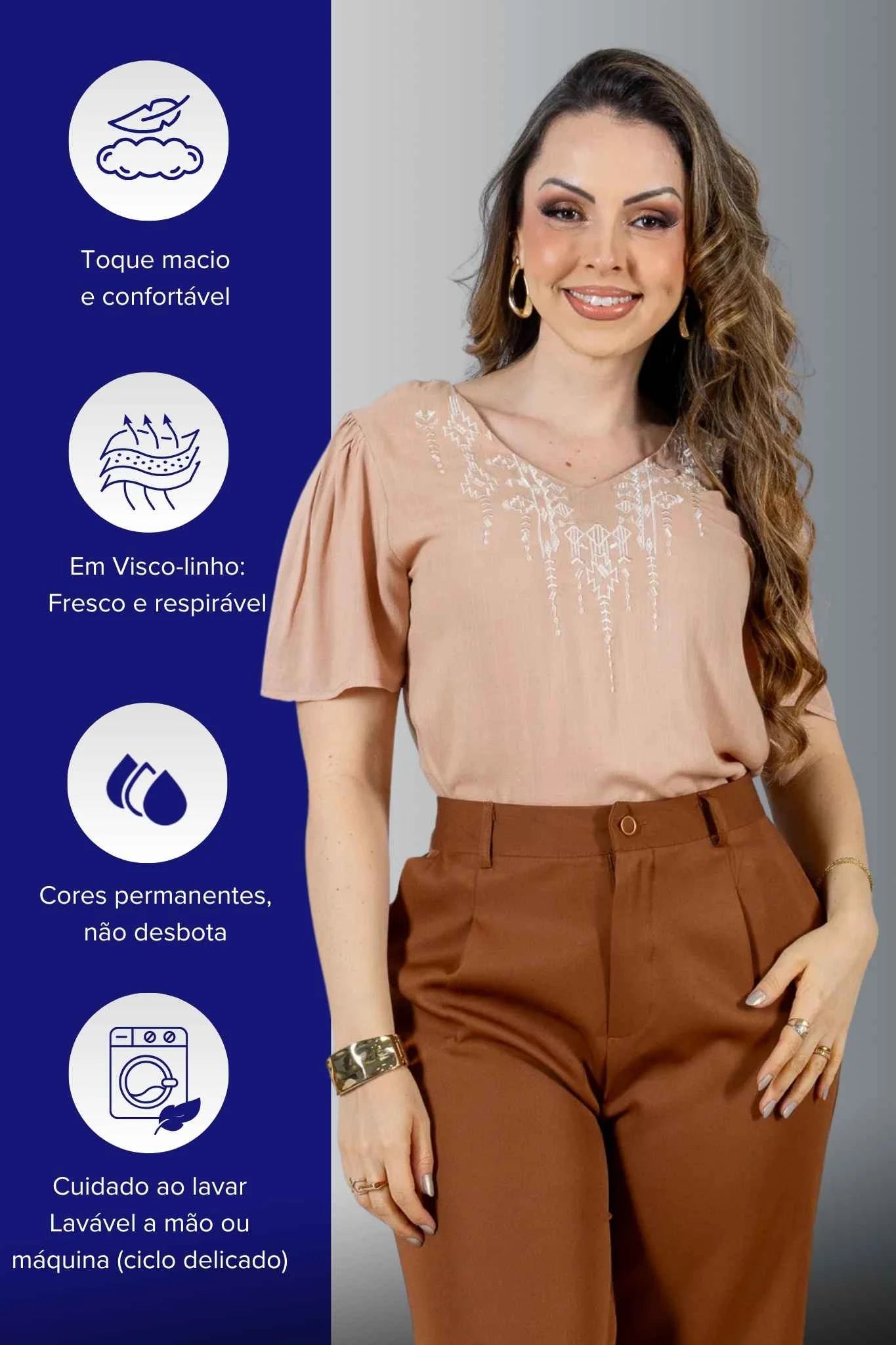 Blusa Manga Curta Decote V em Visco Linho com Acabamento Bordado Samira Rosê