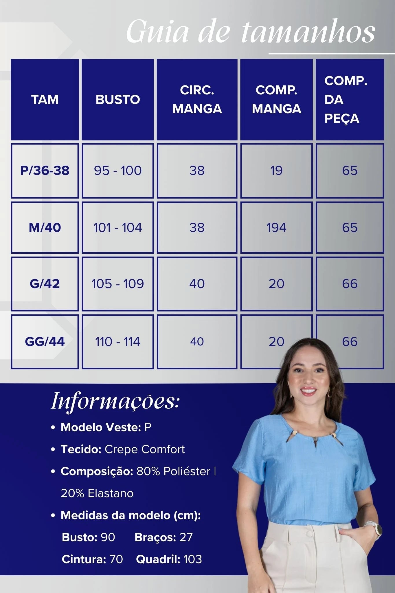 Blusa Manga Curta Crepe Comfort Recortes em "V" com Pedraria Sandra Azul
