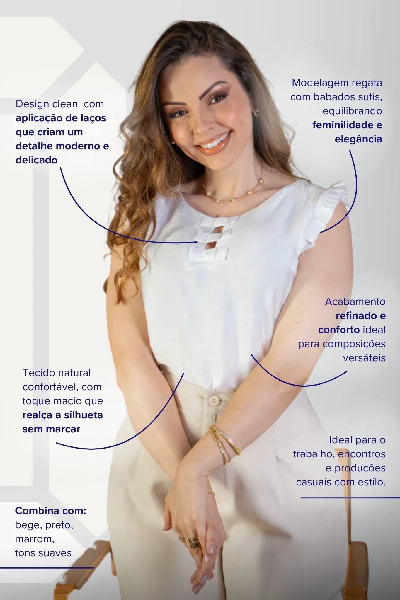 Blusa Regata Detalhe Laços Poli-linho Sandy Lima Branca