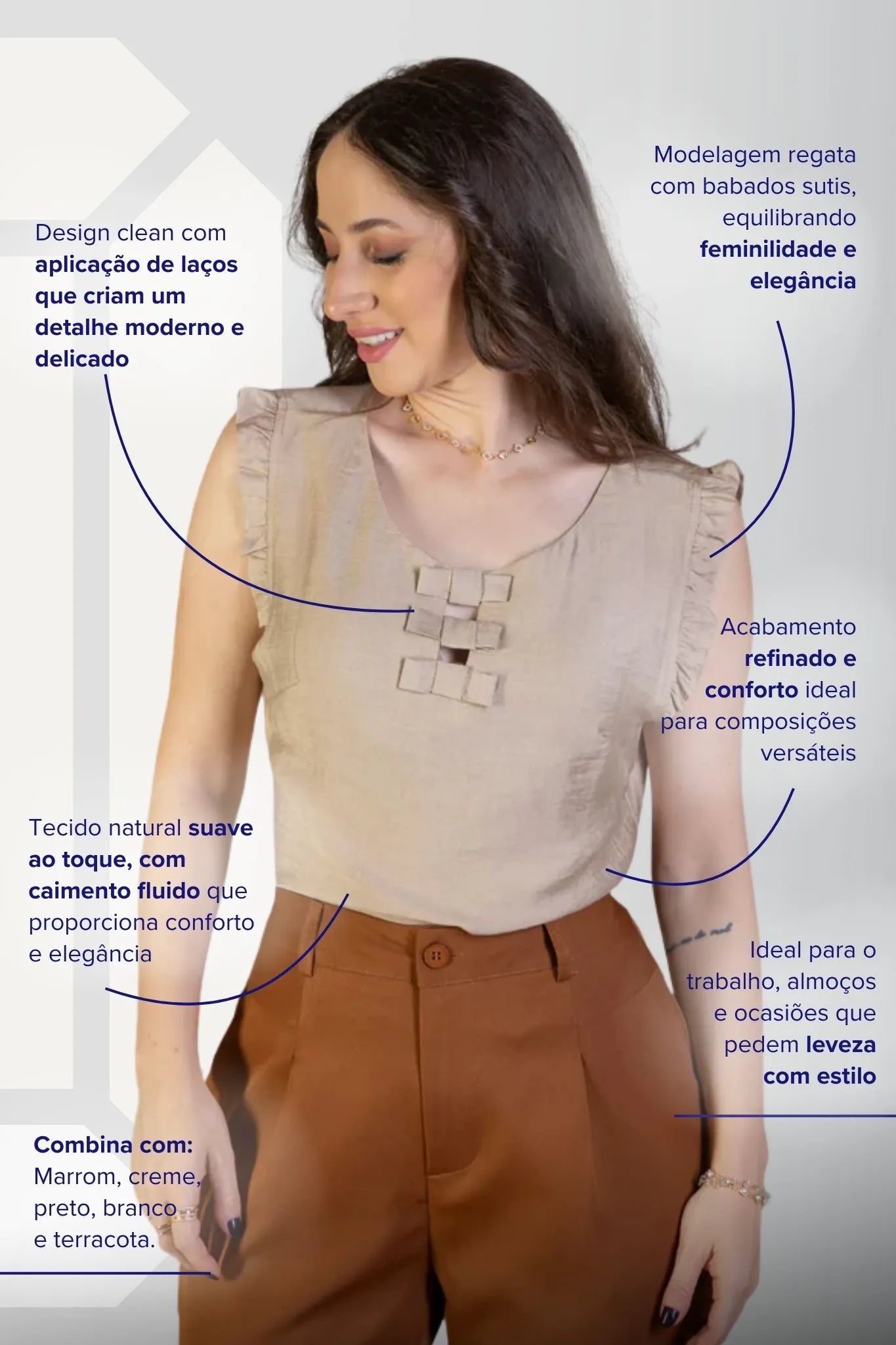 Blusa Regata Detalhe Laços Poli-linho Sandy Lima Bege