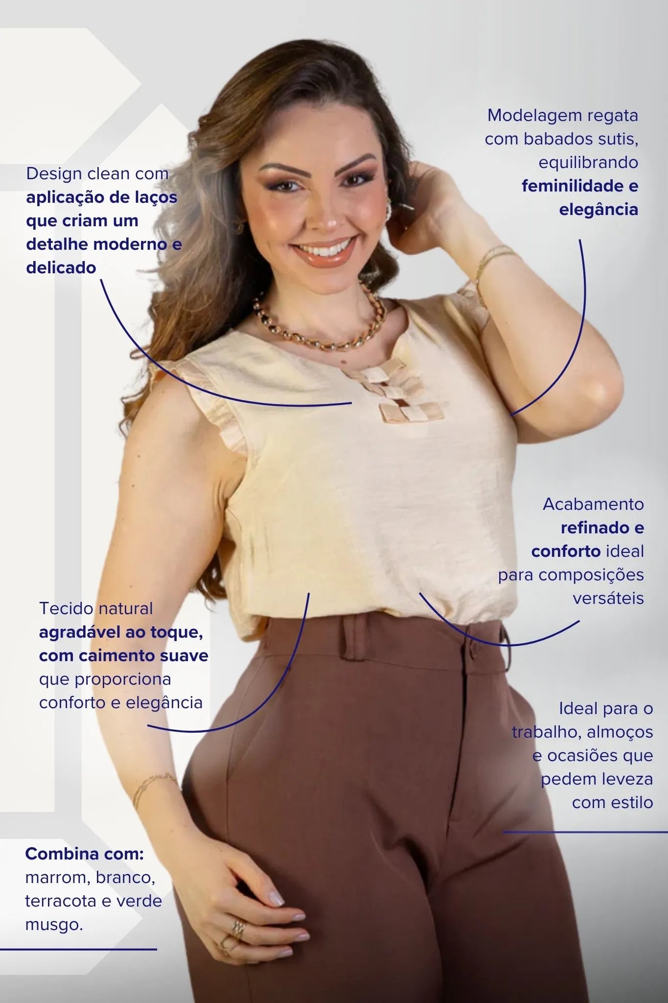 Blusa Regata Detalhe Laços Poli-Linho Sandy Lima Creme