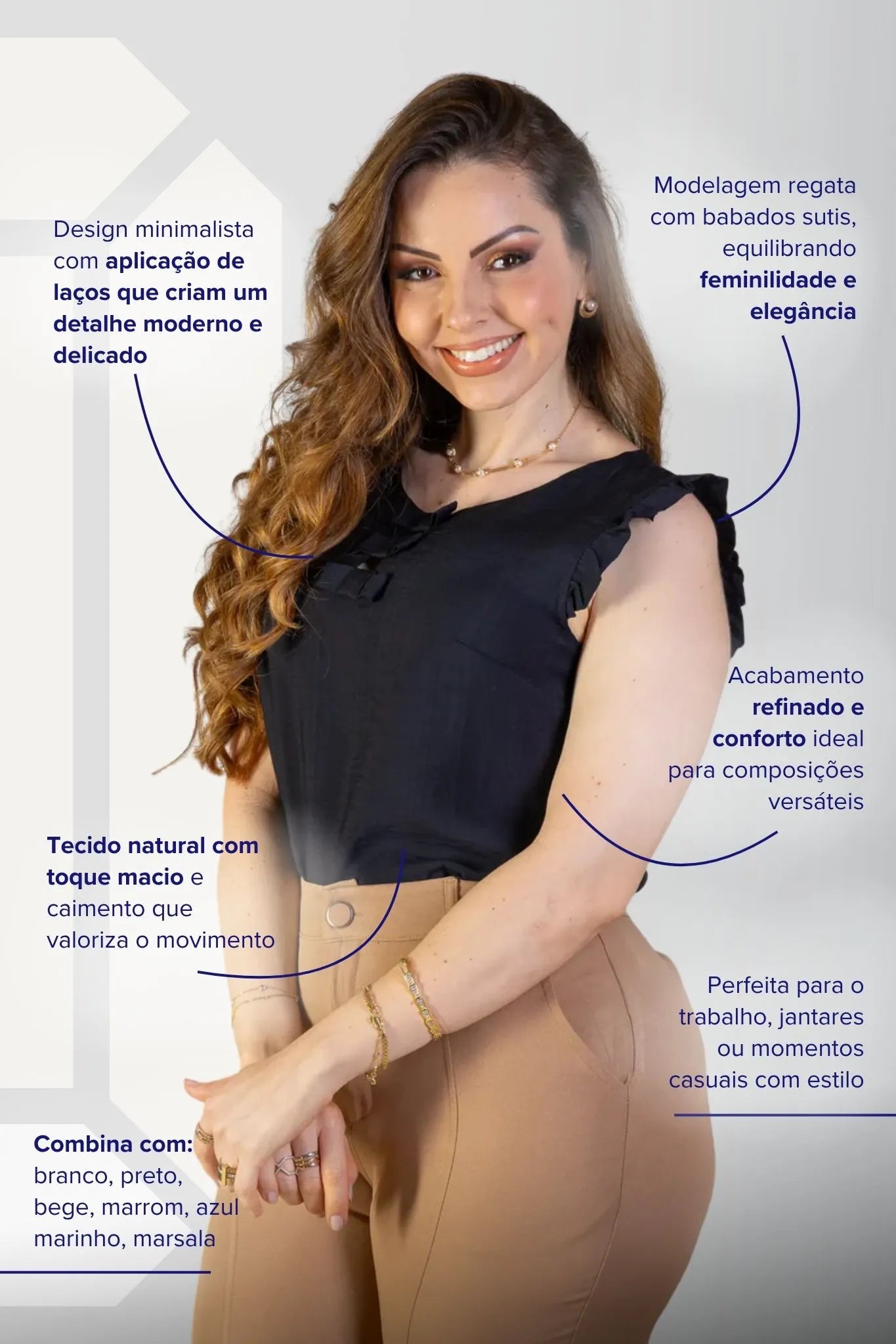 Blusa Regata Detalhe Laços Poli-linho Sandy Lima Preta