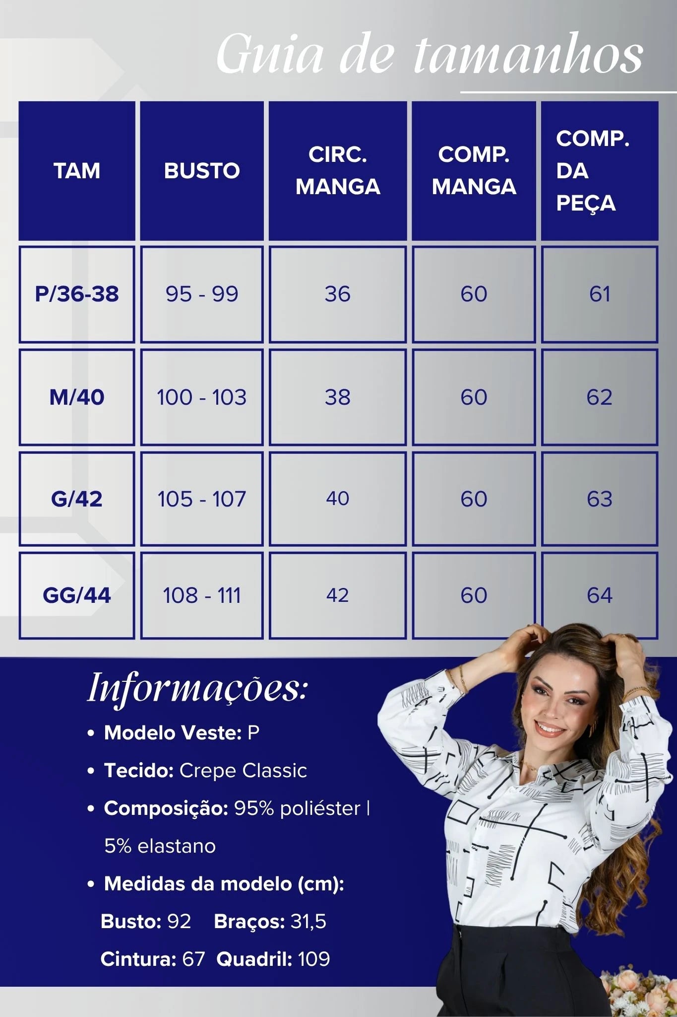Camisa Manga Longa Crepe Classic Fecho em Botões Estampa Geométrica Sara Creme