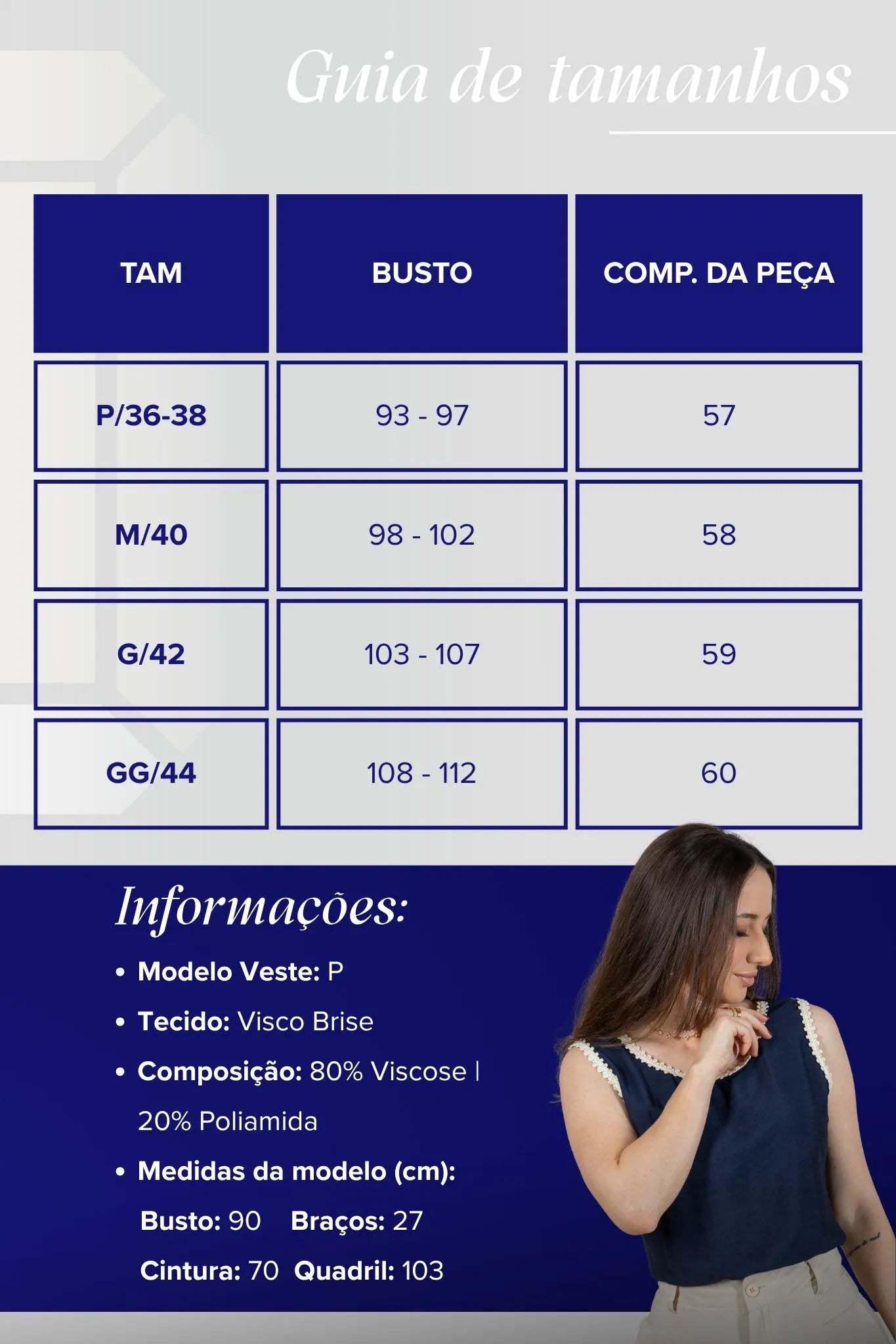 Regata Detalhe Acabamento Bordado Visco Brise Selma Azul Marinho