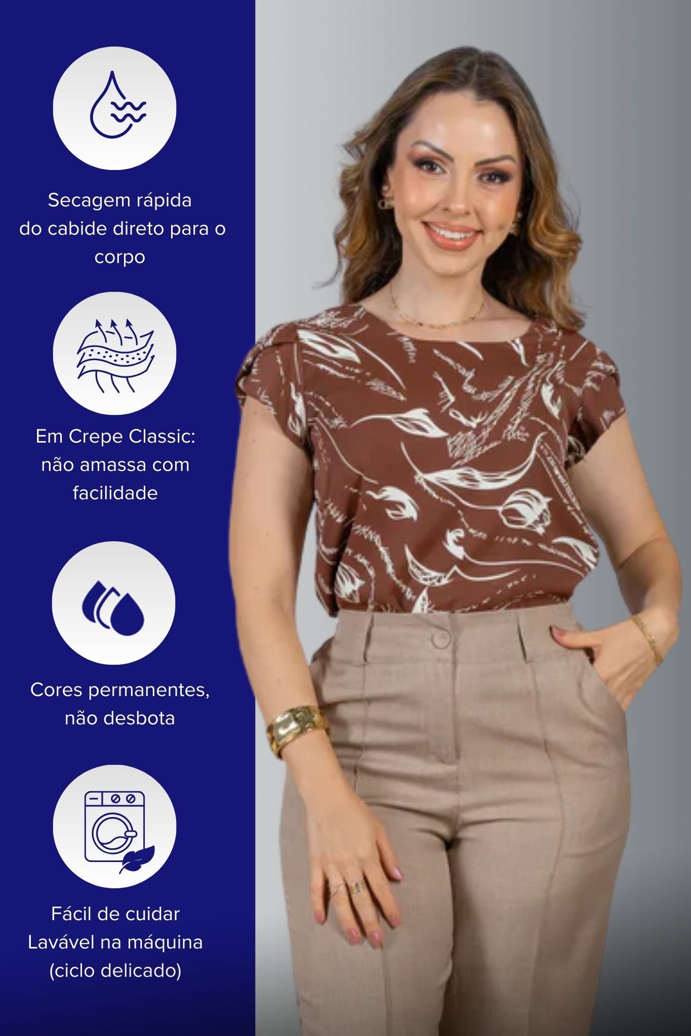 Blusa Manga Curta Transpassada Estampada em Crepe Classic Simone Marrom
