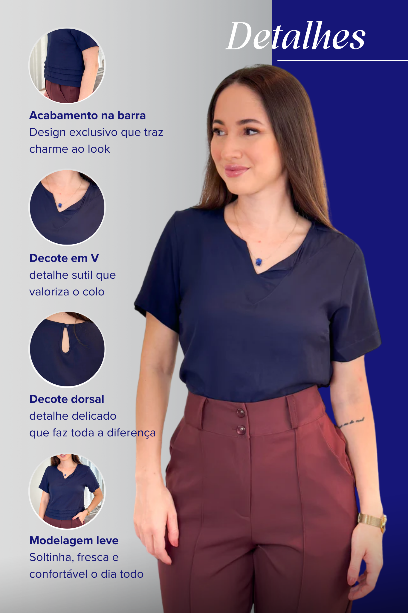 Blusa Manga Curta Em Visco Soft Decote "V" Raissa Azul Marinho