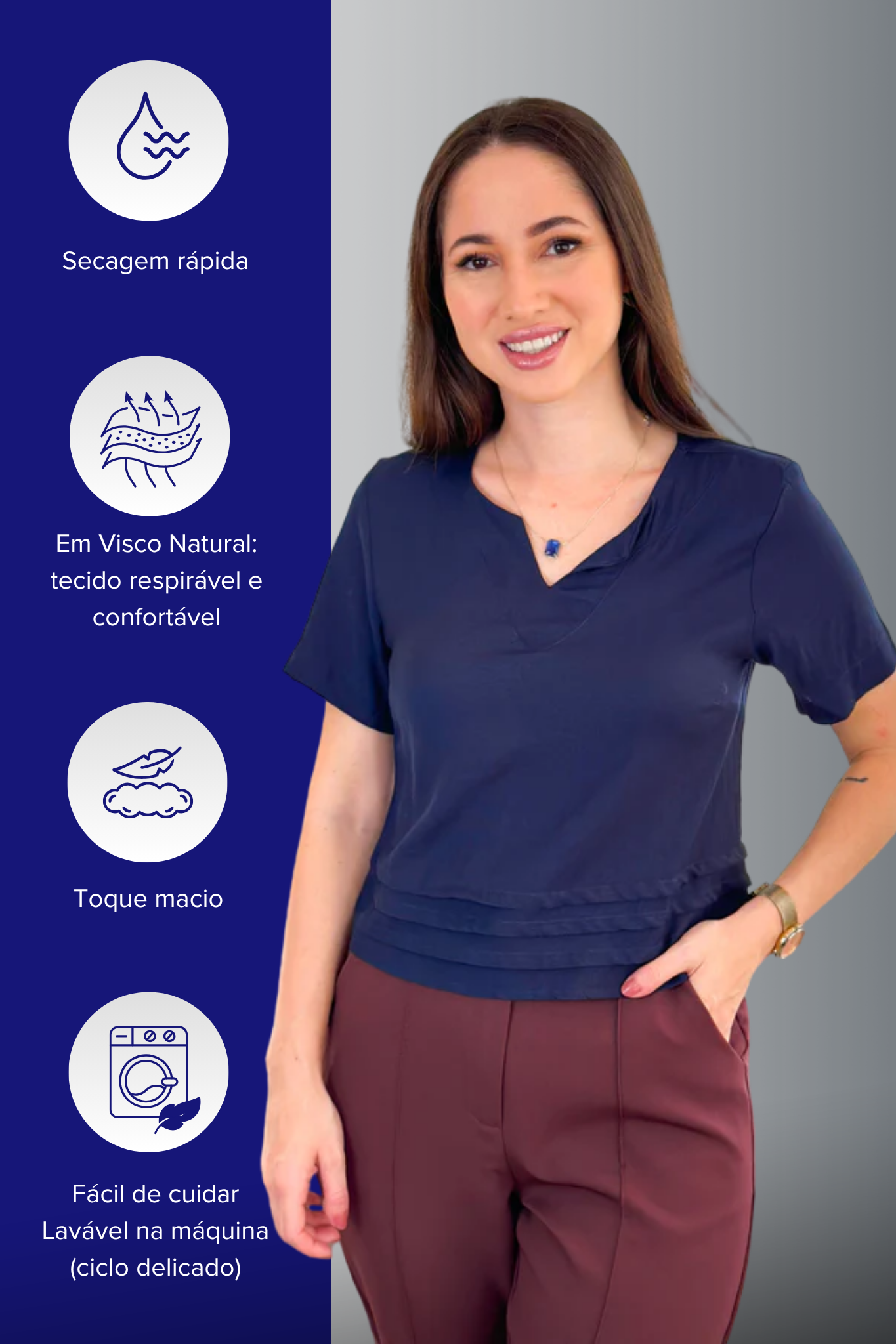 Blusa Manga Curta Em Visco Soft Decote "V" Raissa Azul Marinho