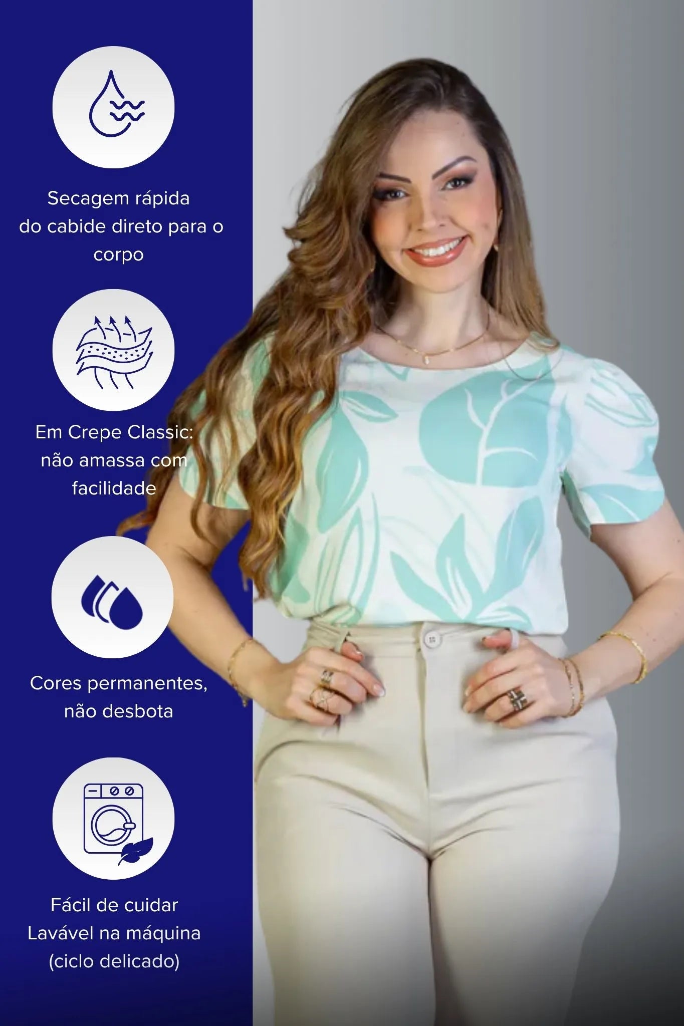 Blusa Manga Detalhe Botão Crepe Classic Suelen Estampada Verde