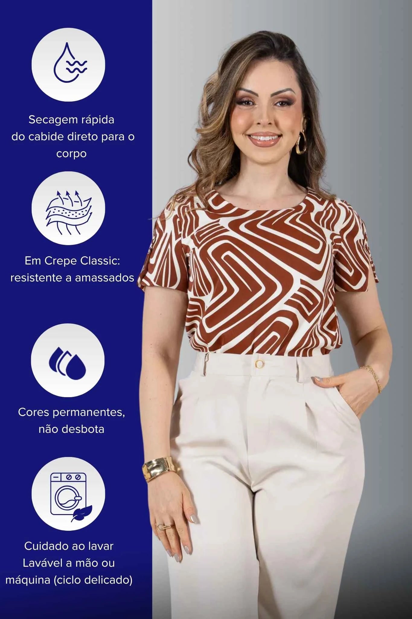Blusa Manga Curta com Detalhe em Botão Crepe Classic Estampada Talia Marrom