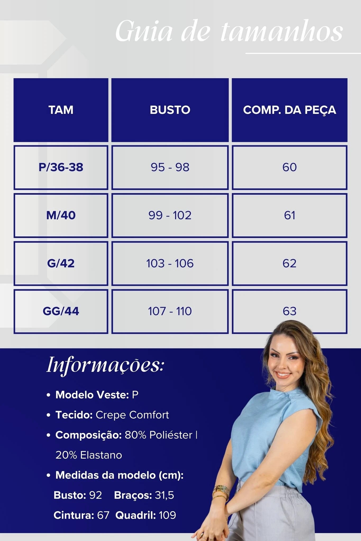 Blusa Regata Crepe Comfort Abotoadura na Gola Tainá Azul
