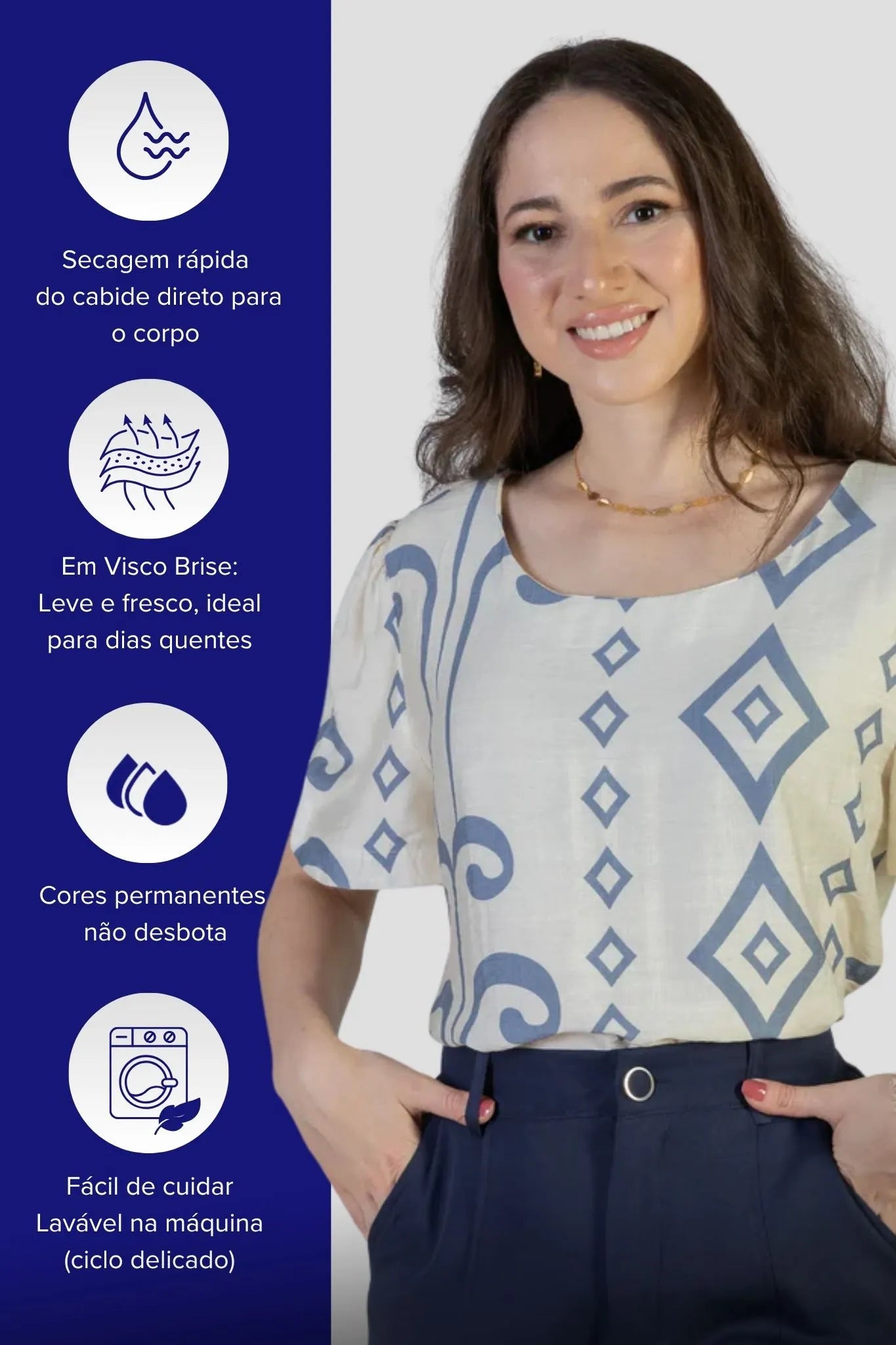 Blusa Manga Curta Detalhe Botão Vânia Estampada Azul