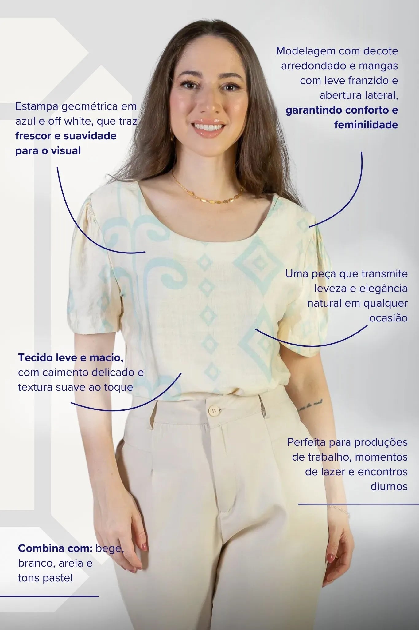 Blusa Manga Curta Detalhe Botão Visco Brise Vânia Estampada Azul Claro