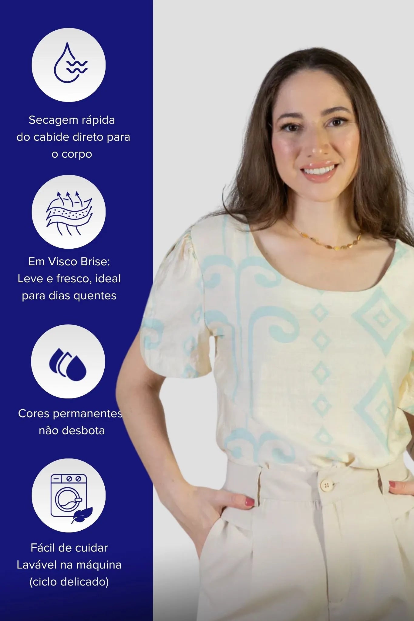 Blusa Manga Curta Detalhe Botão Vânia Estampada Azul Claro