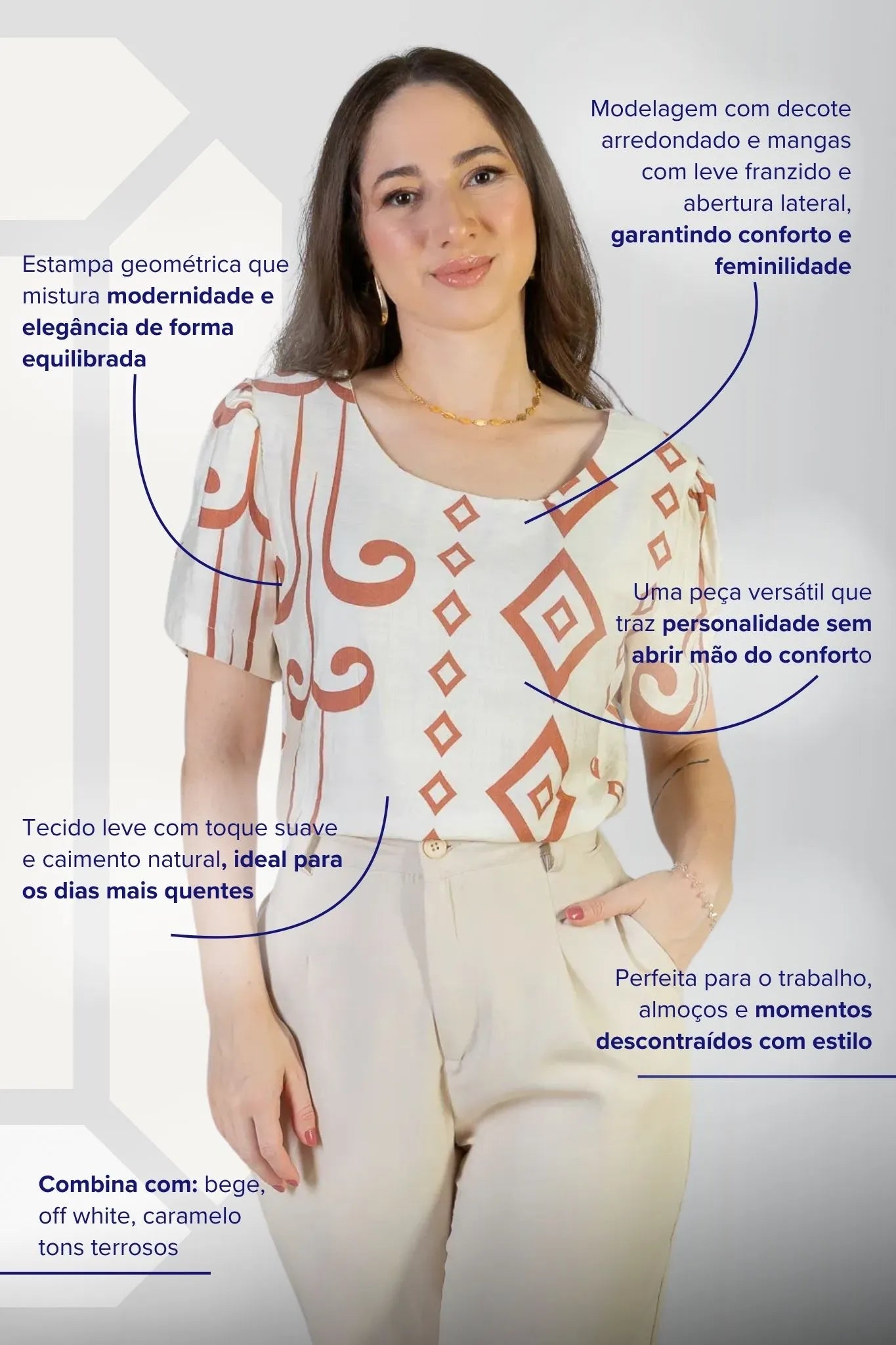 Blusa Manga Curta Detalhe Botão Vânia Estampada Terracota
