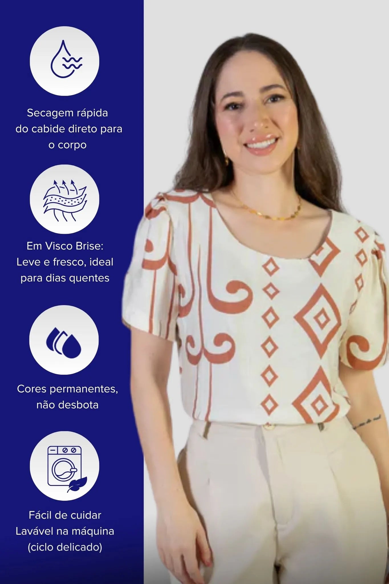 Blusa Manga Curta Detalhe Botão Vânia Estampada Terracota