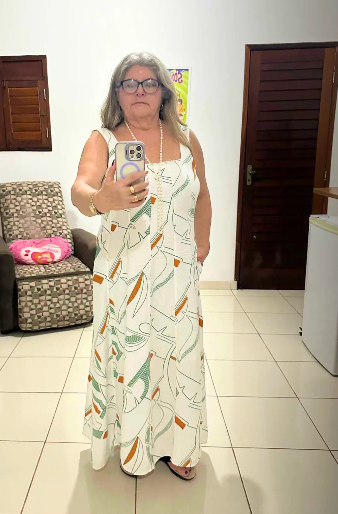 Vestido Midi Detalhe Cinto Claudia Estampado Branco