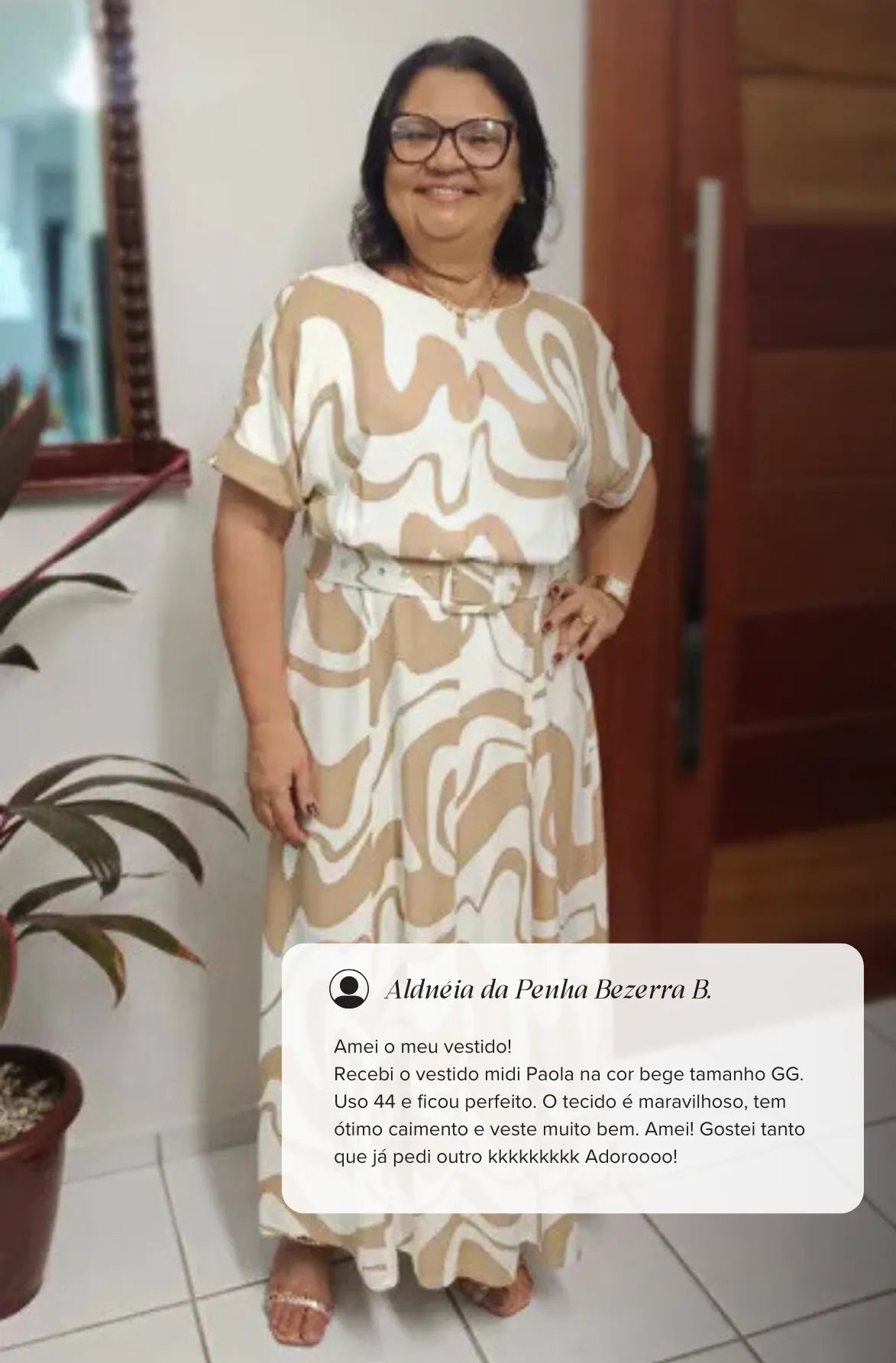Vestido Midi Com Cinto Encapado Paola Estampado Bege