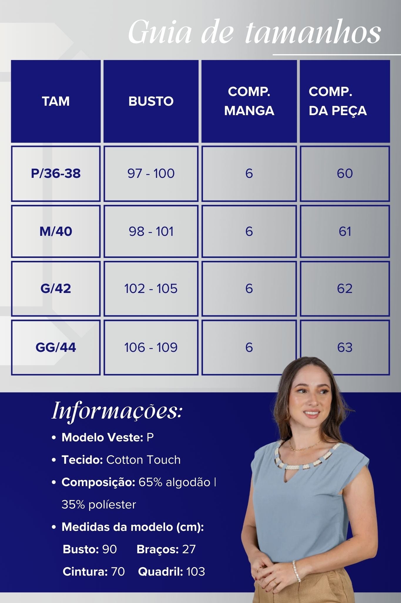 Blusa Manga Curta Decote em "V" Cotton Touch Detalhe Trançado Colo Virgínia Azul