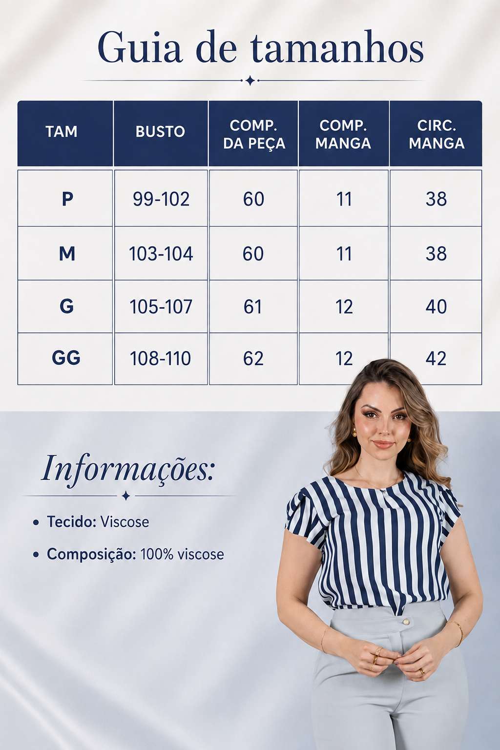 Blusa em Visco Rustic Listrada com Manga Transpassada Adriana Azul Marinho