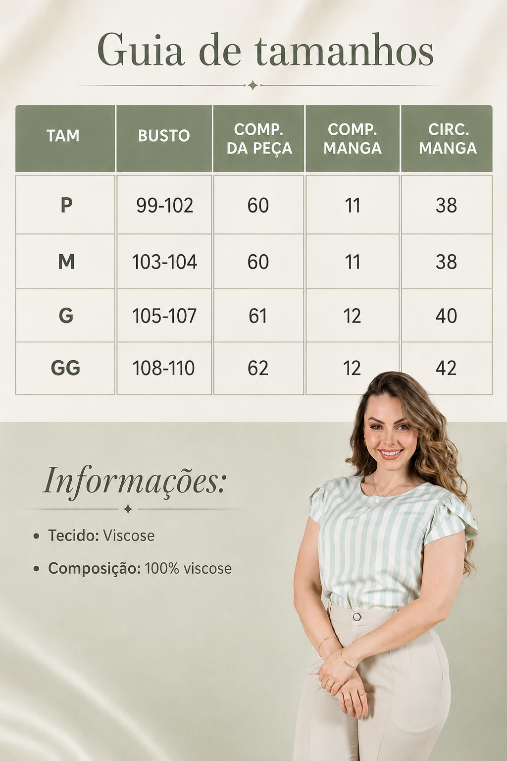 Blusa em Visco Rustic Listrada com Manga Transpassada Adriana Verde