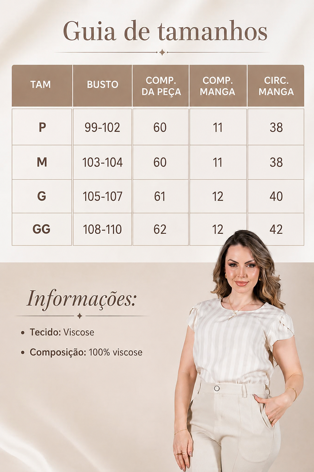 Blusa em Visco Rustic Listrada com Manga Transpassada Adriana Creme