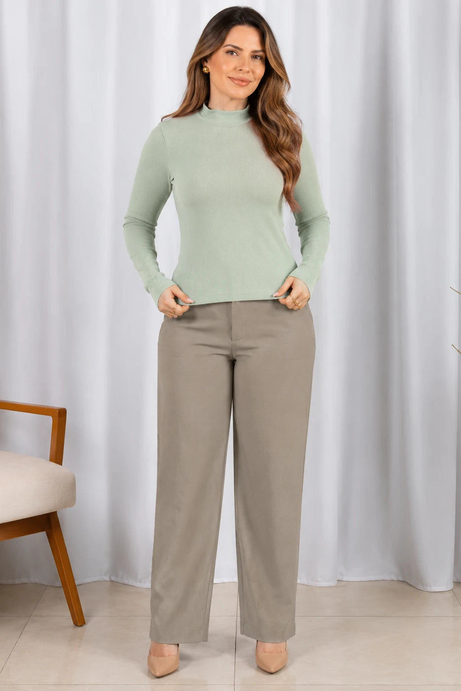 Blusa Manga Longa Malha Canelada Anastácia Verde