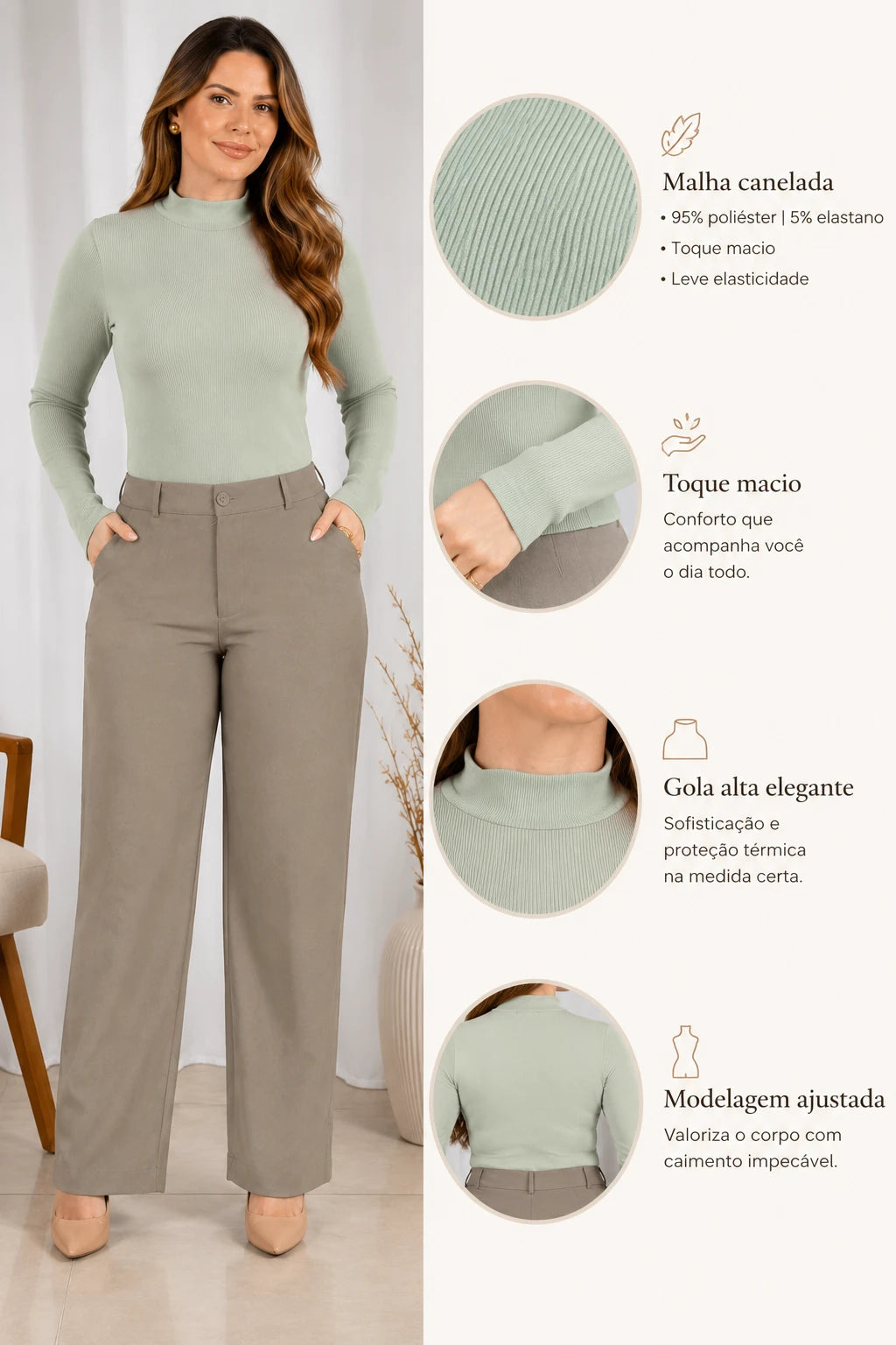 Blusa Manga Longa Malha Canelada Anastácia Verde