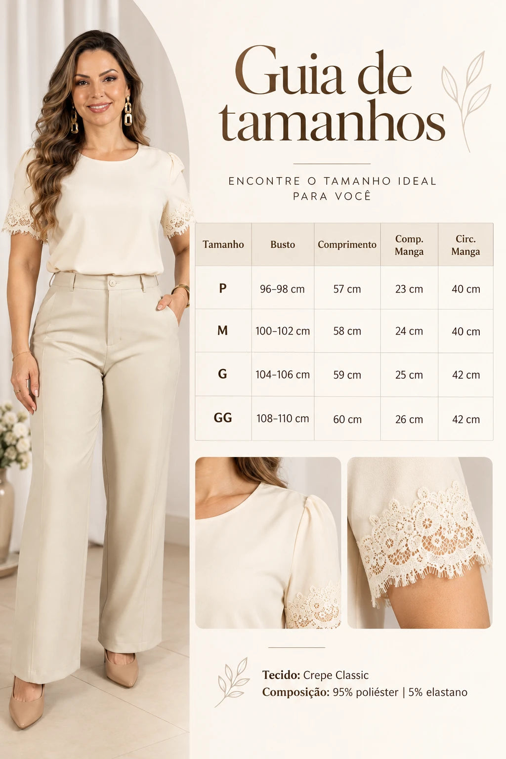 Blusa Manga Curta Detalhe Manga Em Renda Bárbara Creme