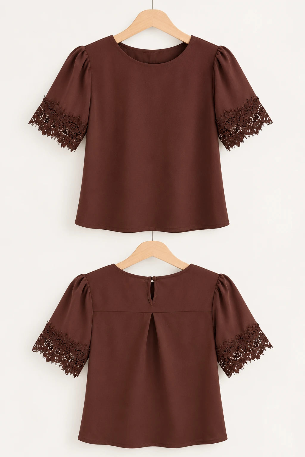 Blusa Manga Curta Detalhe Manga Em Renda Bárbara Marrom