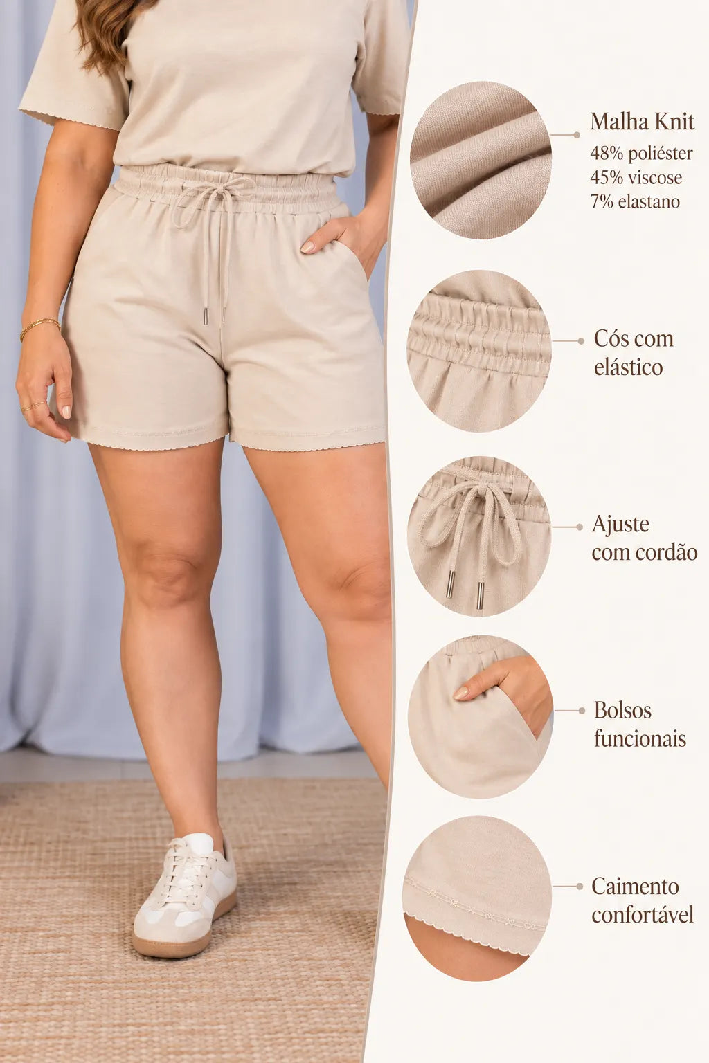 Shorts Confortável em Malha Knit Belinda Creme