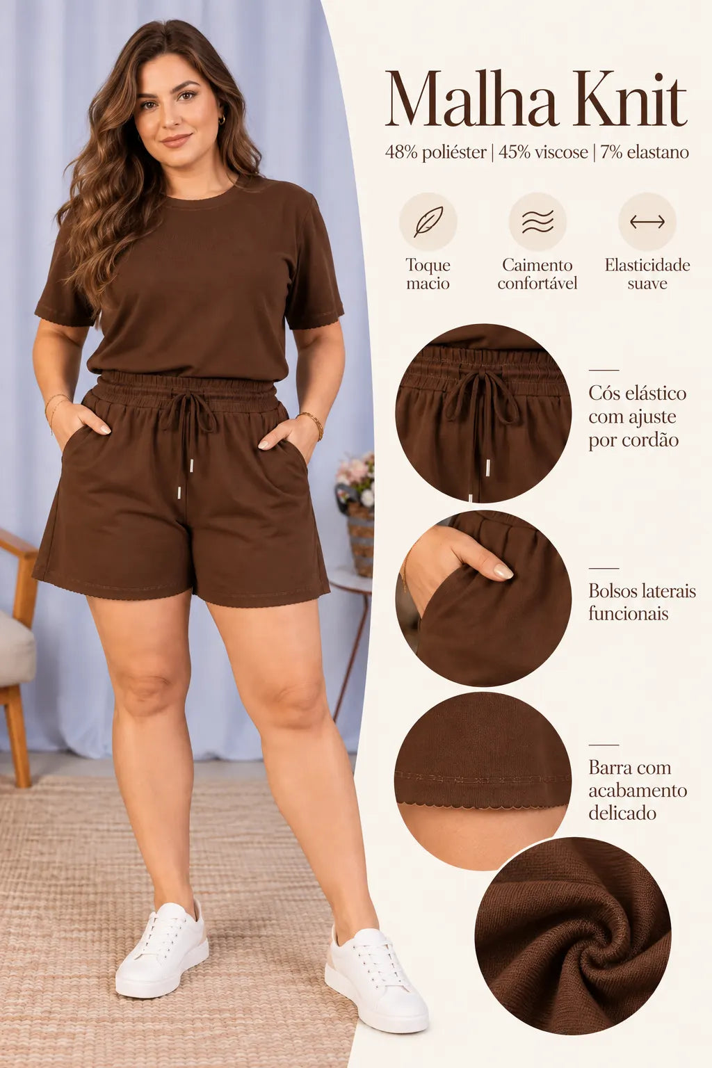 Shorts Confortável em Malha Knit Belinda Marrom