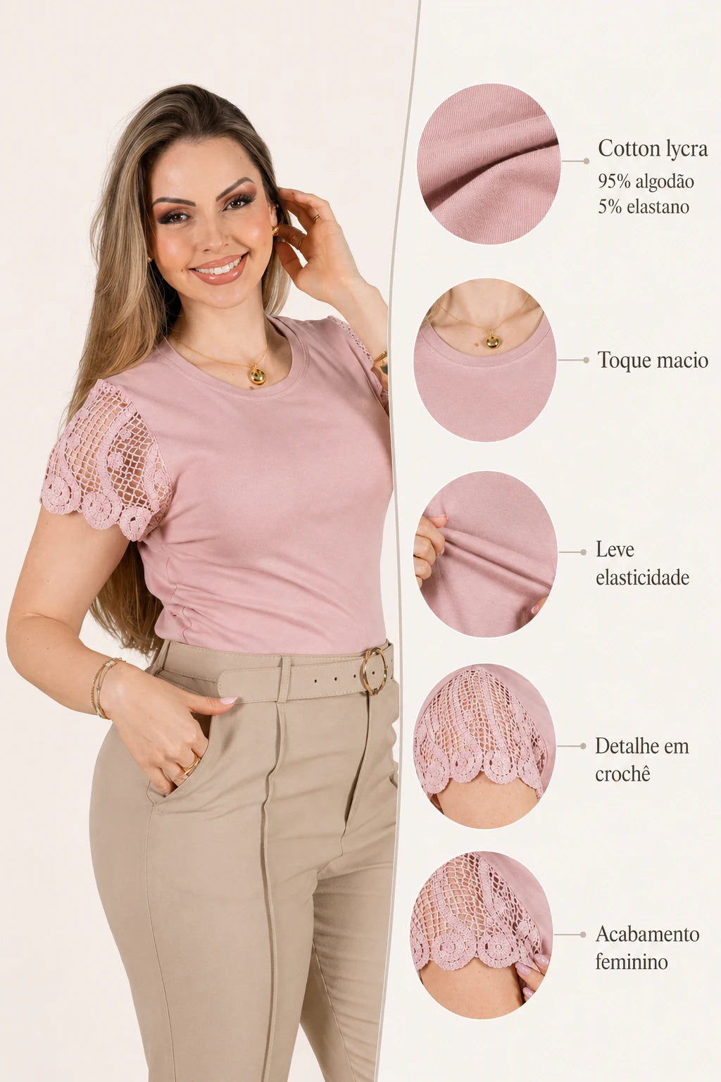 Blusa Cotton Lycra com Detalhe em Crochê Lidia Rosê