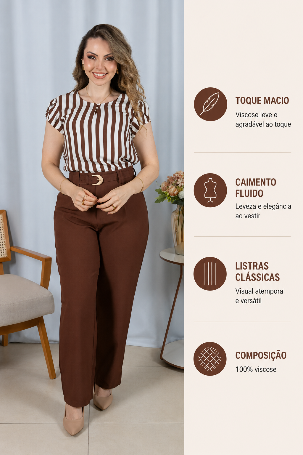 Blusa em Visco Rustic Listrada com Manga Transpassada Adriana Marrom