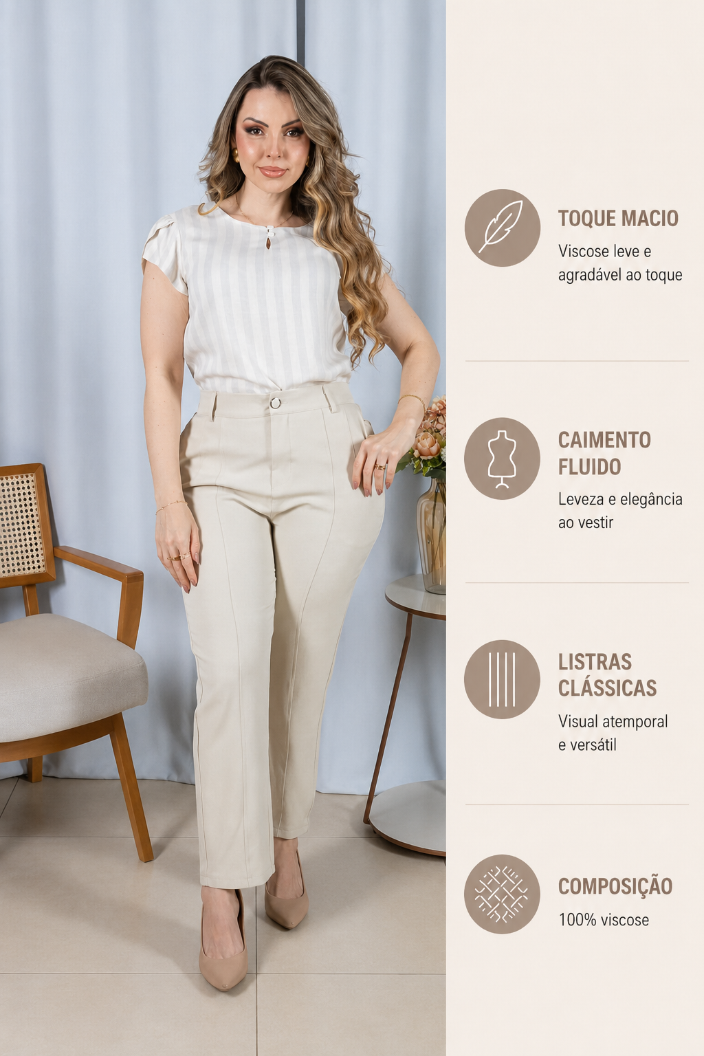 Blusa em Visco Rustic Listrada com Manga Transpassada Adriana Azul Claro