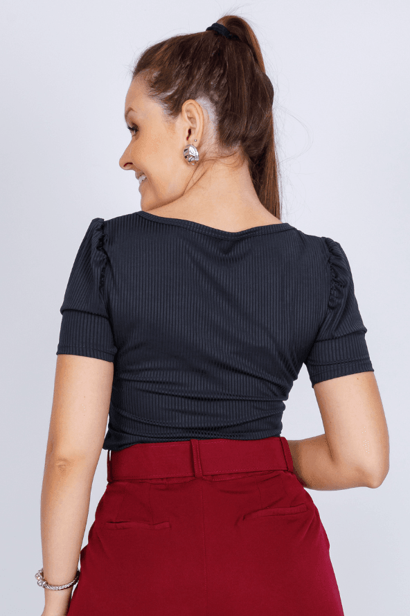Blusa Canelada Manga Bufante Ellen Preta - imporium