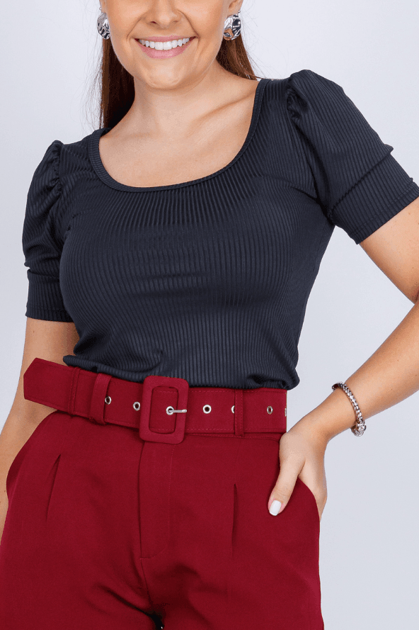 Blusa Canelada Manga Bufante Ellen Preta - imporium