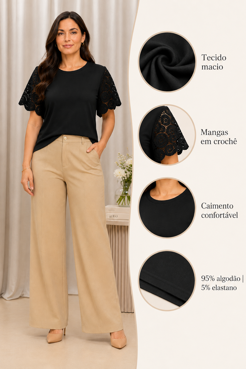 Blusa Confortável com Manga em Crochê Geisa Preta
