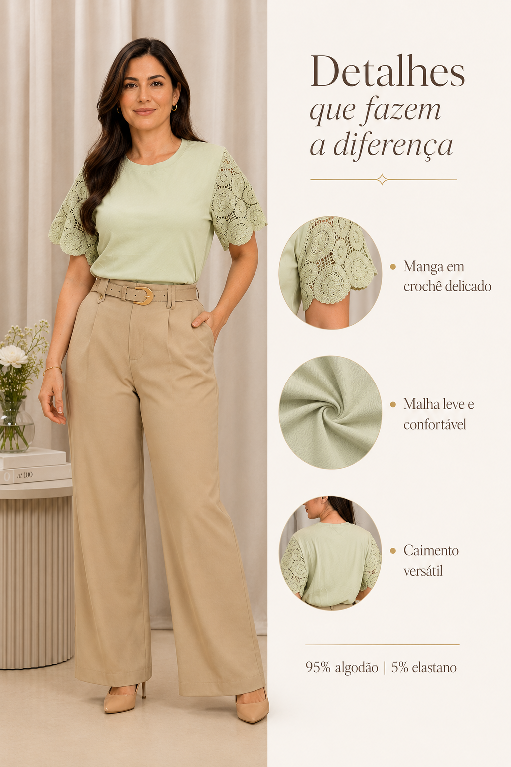 Blusa Confortável com Manga em Crochê Geisa Verde
