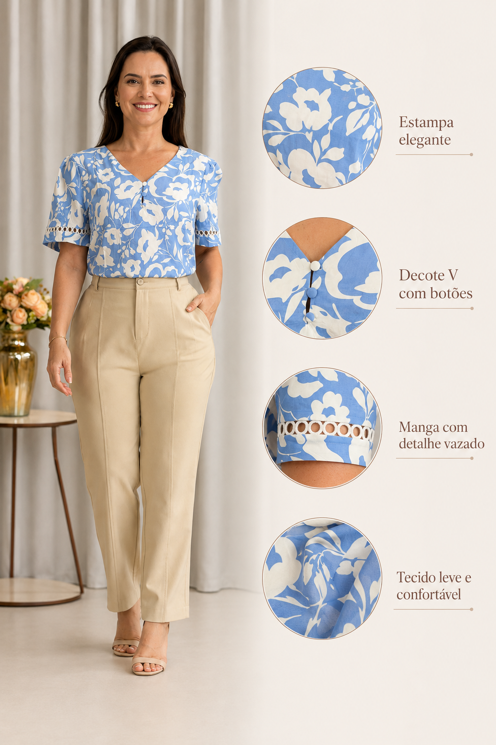 Blusa Crepe Classic Estampada com Entremeio Tauane Azul