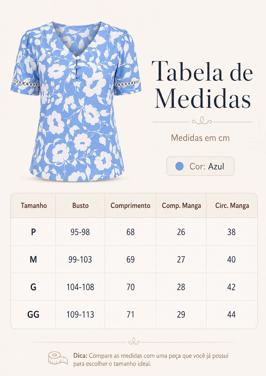 Blusa Crepe Classic Estampada com Entremeio Tauane Azul