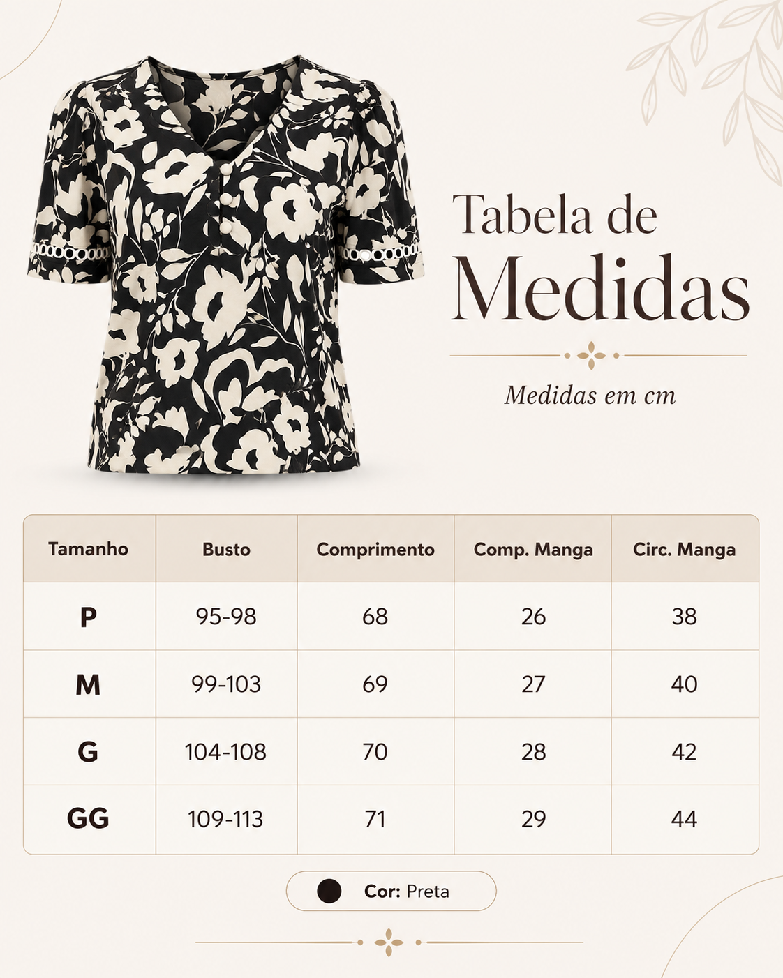 Blusa Crepe Classic Estampada com Entremeio Tauane Preta