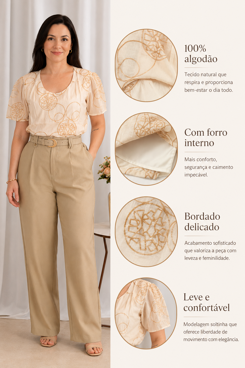 Blusa em Laise com Pregas no Colo Dália Creme