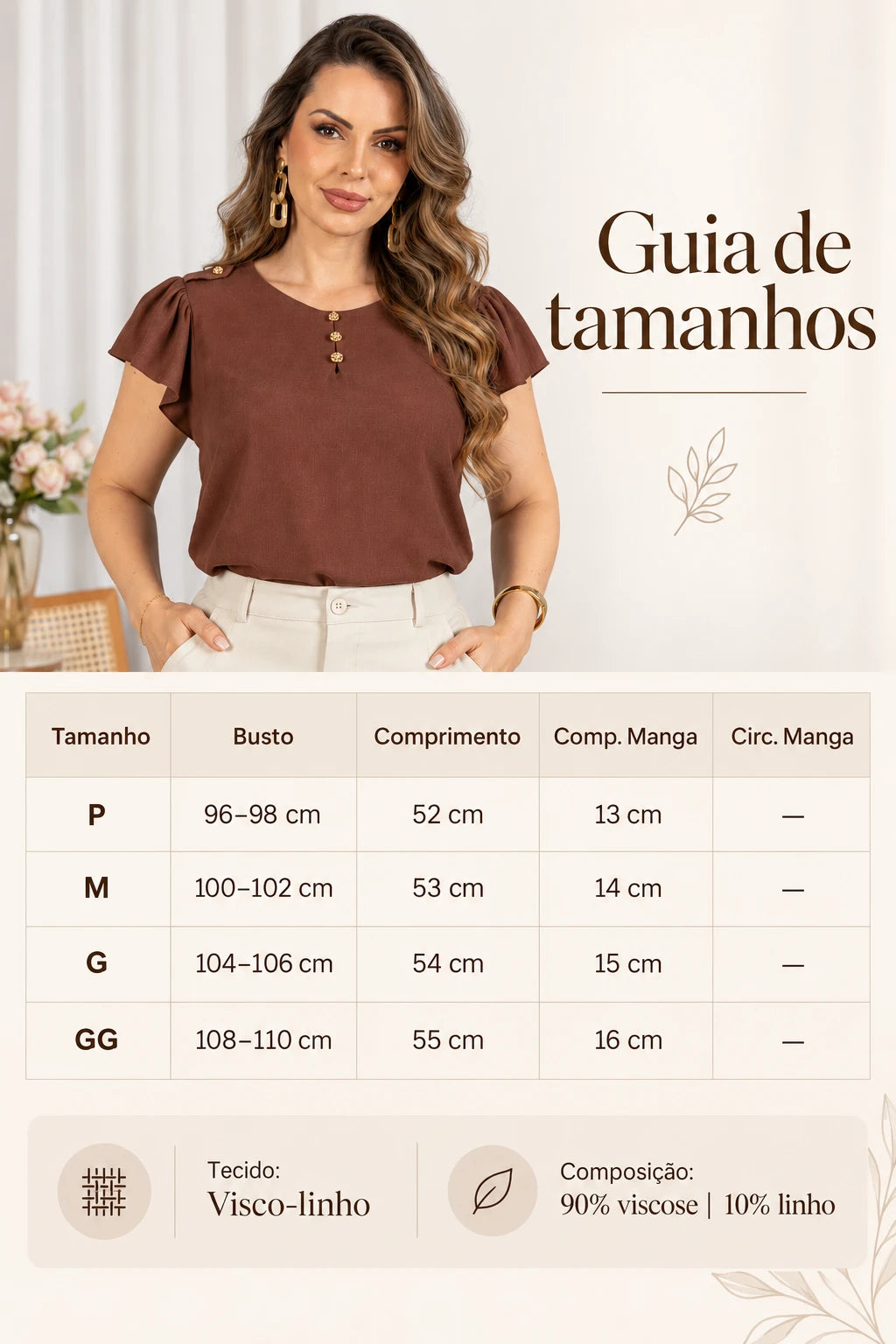 Blusa Manga Curta Em Visco-linho Detalhe Botão Neia Marrom - foto 10