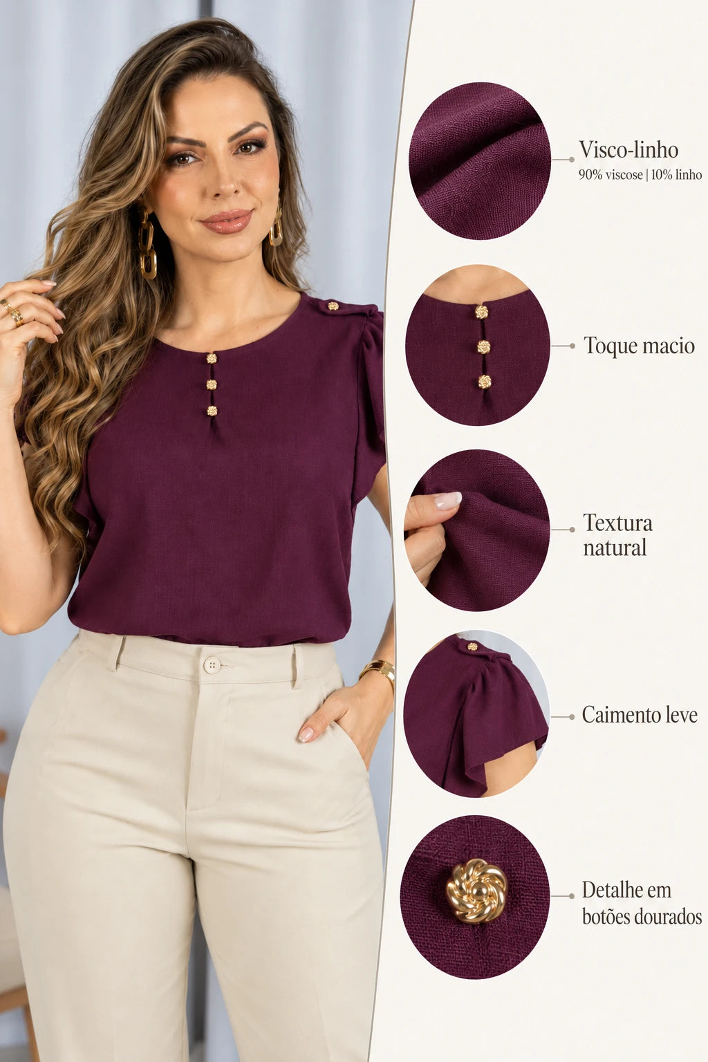 Blusa Manga Curta Em Visco-linho Detalhe Botão Neia Roxa - foto 8