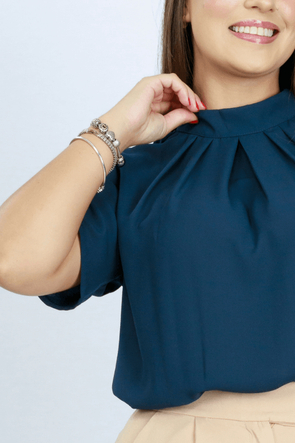 Blusa Manga Curta Pregas Monique Azul Marinho - imporium