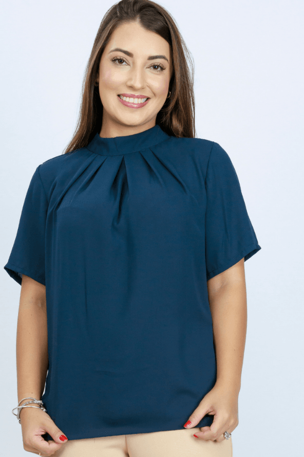 Blusa Manga Curta Pregas Monique Azul Marinho - imporium
